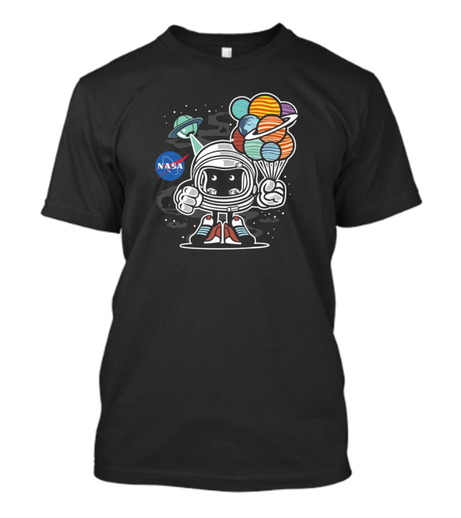 NASA Astronaut Adventure Holding Planet Balloons T-Shirt