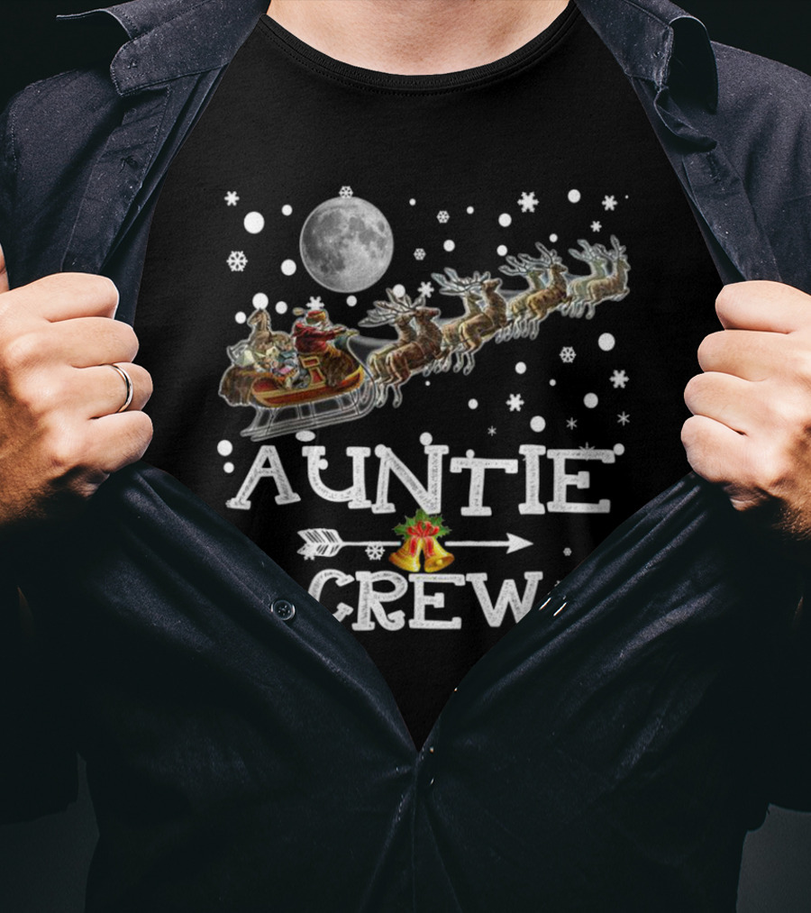 Auntie Crew Santa Reindeer Sleigh Under Full Moon T-Shirt