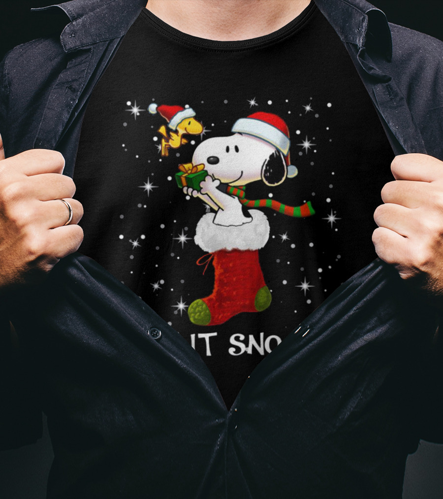 Let It Snoopy Snoopy In Christmas Sock With Santa Hat And Present T-Shirt