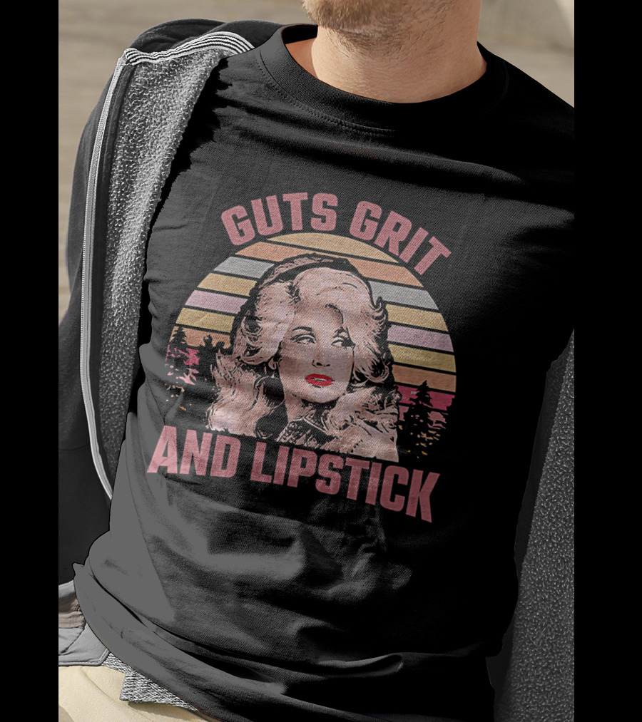 Guts Grit And Lipstick Dolly Parton Country Music Lovers Retro Sunset T-Shirt