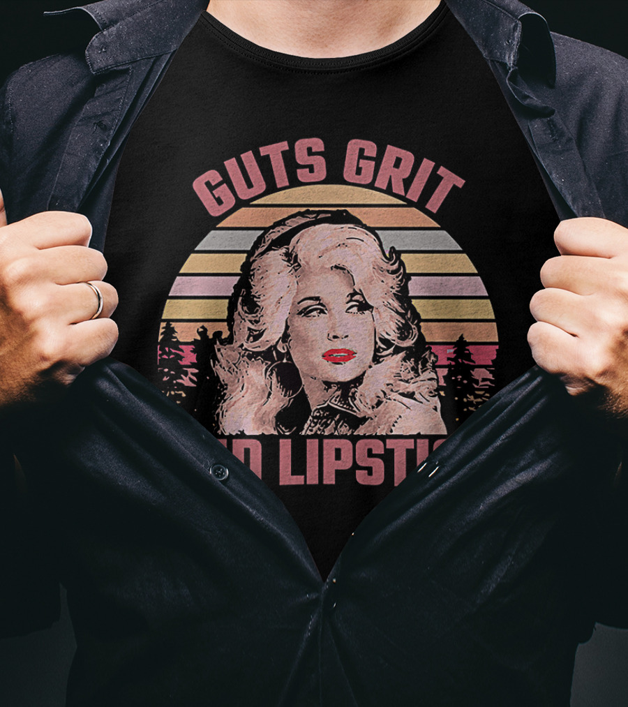 Guts Grit And Lipstick Dolly Parton Country Music Lovers Retro Sunset T-Shirt