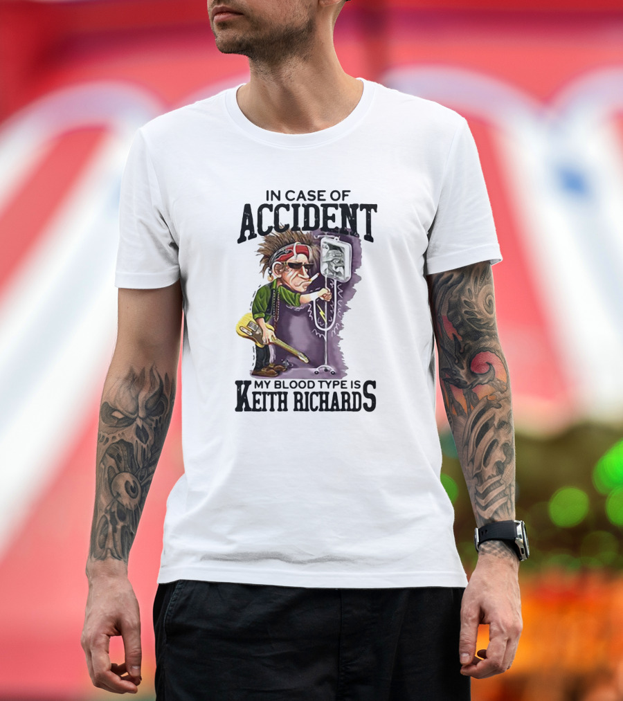 In Case of Accident My Blood Type Is Keith Richards Caricature with Guitar and IV Stand T-Shirt