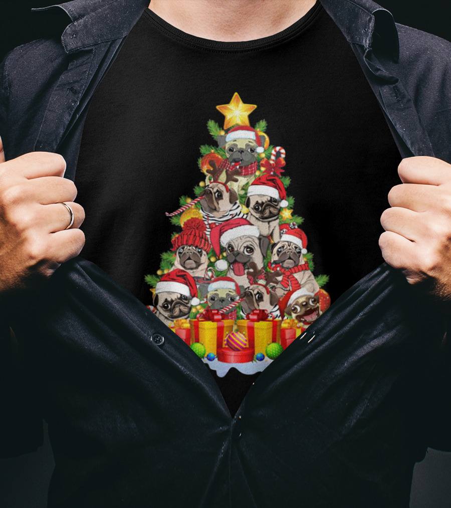 Pug Christmas Tree With Santa Hats And Presents T-Shirt