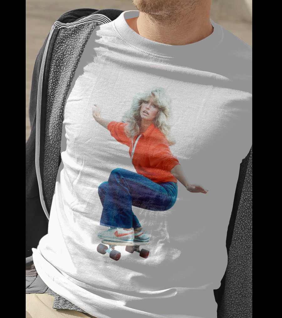 Farrah Fawcett Iconic Skateboarding Pose In Red Sweater And Sneakers T-Shirt