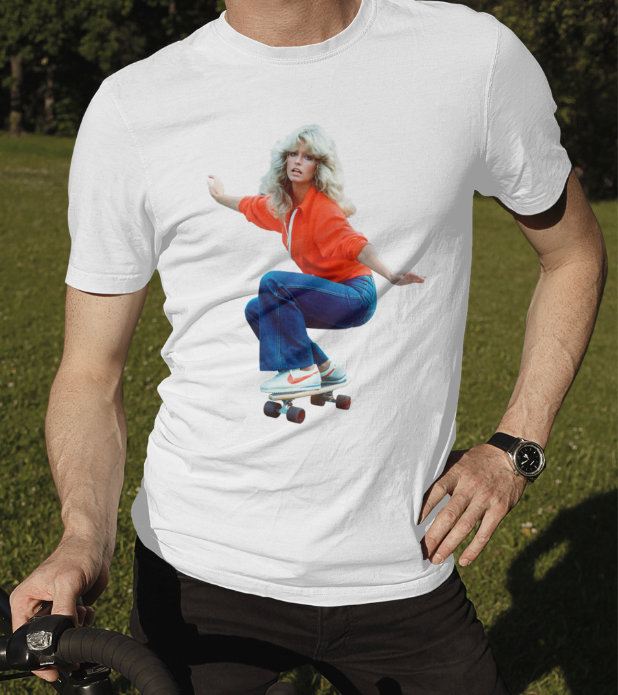 Farrah Fawcett Iconic Skateboarding Pose In Red Sweater And Sneakers T-Shirt