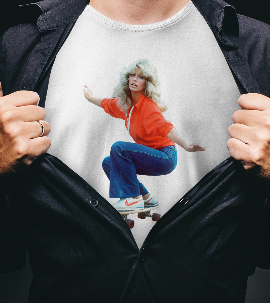 Farrah Fawcett Iconic Skateboarding Pose In Red Sweater And Sneakers T-Shirt