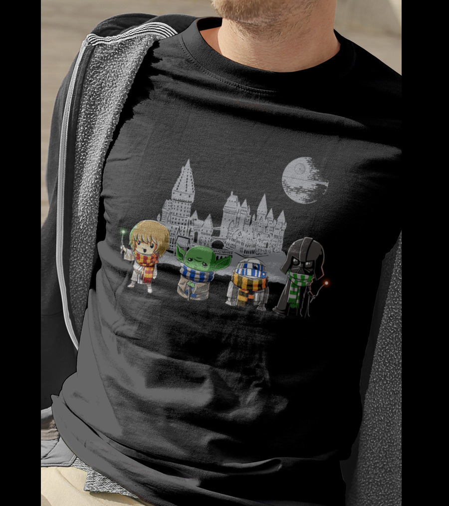 Star Wars Hogwarts Crossover With Luke Yoda R2-D2 And Darth Vader In House Scarves T-Shirt