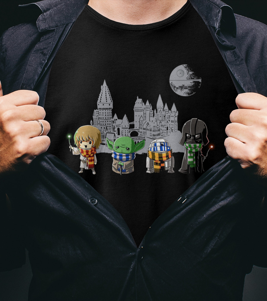 Star Wars Hogwarts Crossover With Luke Yoda R2-D2 And Darth Vader In House Scarves T-Shirt