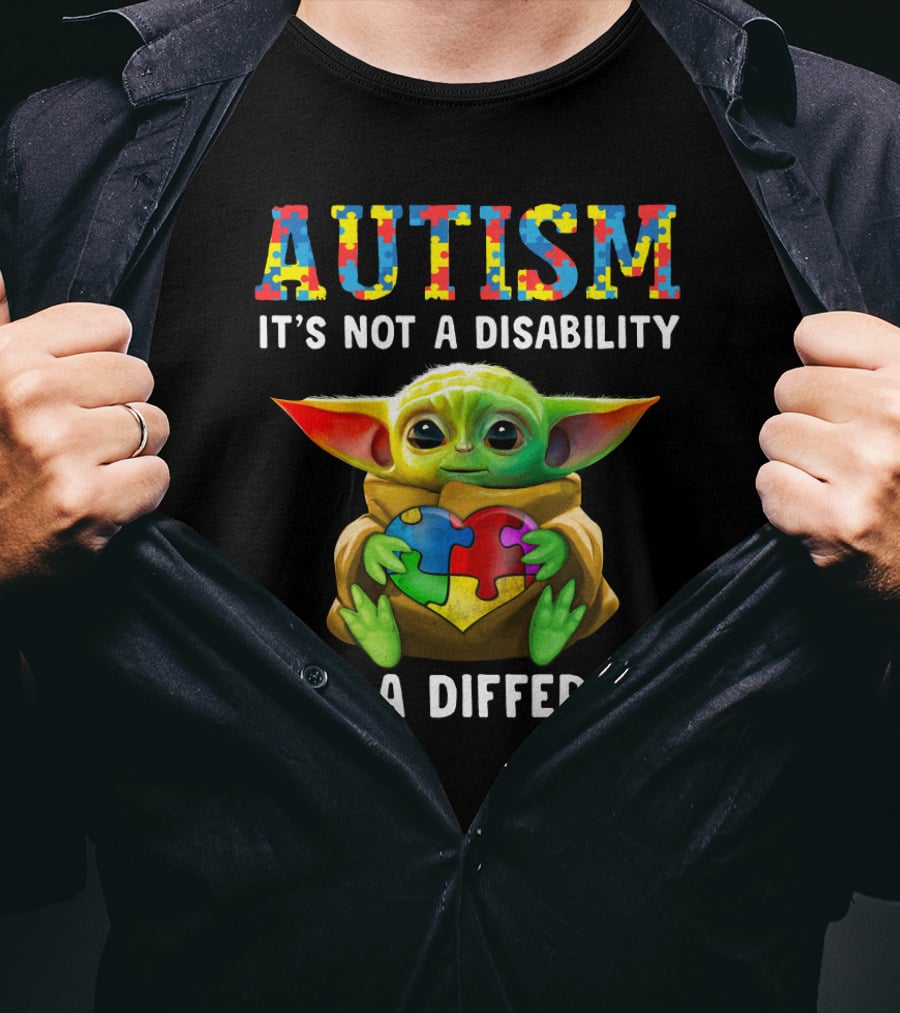 AUTISM IT'S NOT A DISABILITY IT'S A DIFFERENT Baby Yoda Holding Puzzle Piece T-Shirt