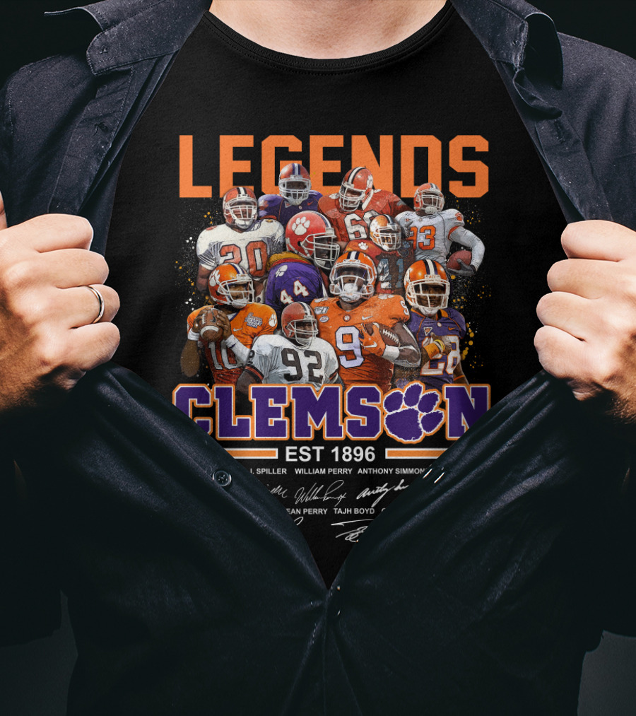 Clemson Legends EST 1896 Travis Etienne C.J. Spiller William Perry Anthony Simmons Brian Dawkins Levon Kirkland Michael Dean Perry Tajh Boyd Gaines Adams James Davis T-Shirt