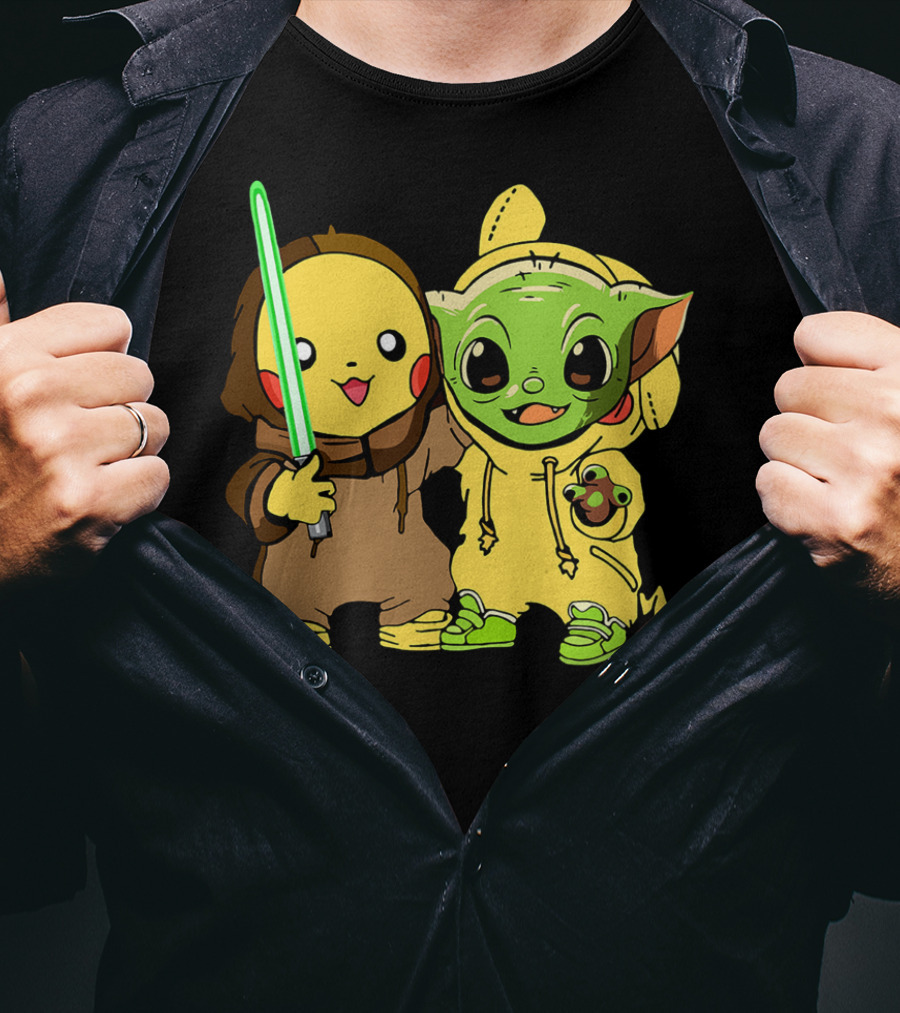 Baby Yoda Pikachu With Lightsaber Jedi Hoodie Duo T-Shirt