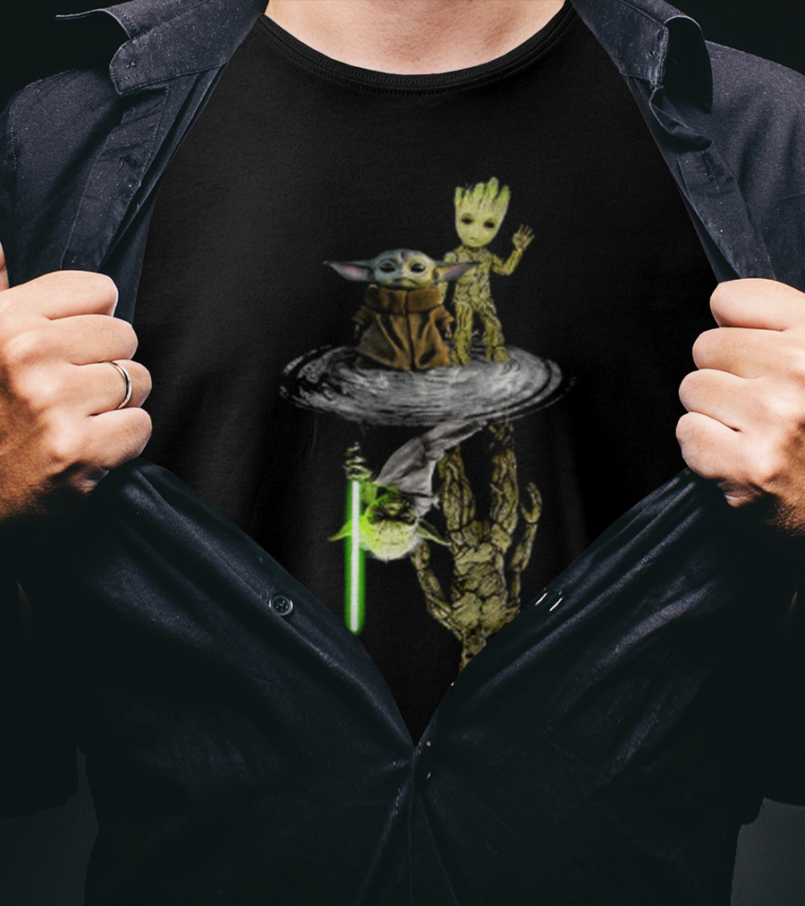 Baby Yoda And Baby Groot Reflection Master Yoda And Groot Lightsaber T-Shirt
