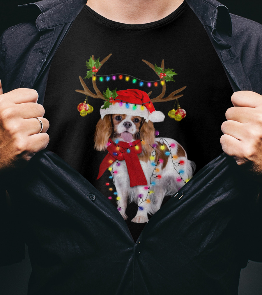Cavalier King Charles Spaniel Christmas Reindeer Lights T-Shirt