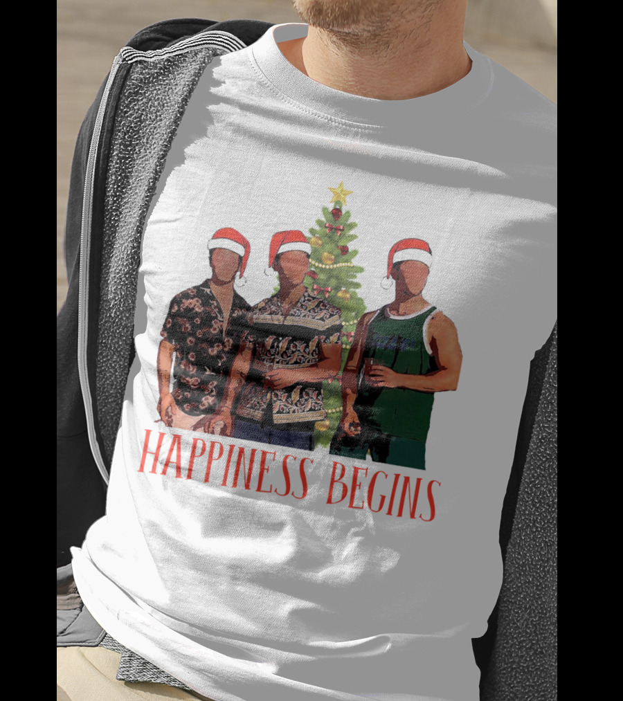 Happiness Begins Santa Trio With Christmas Tree T-Shirt