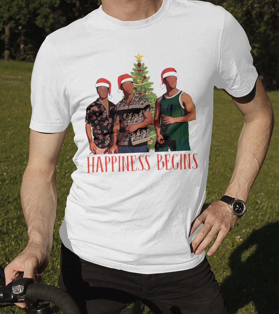Happiness Begins Santa Trio With Christmas Tree T-Shirt