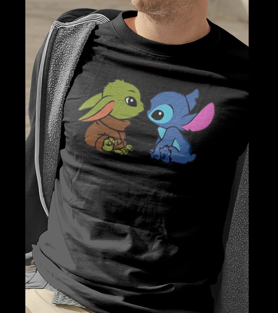 Baby Yoda And Baby Stitch Cute Characters Crossover T-Shirt