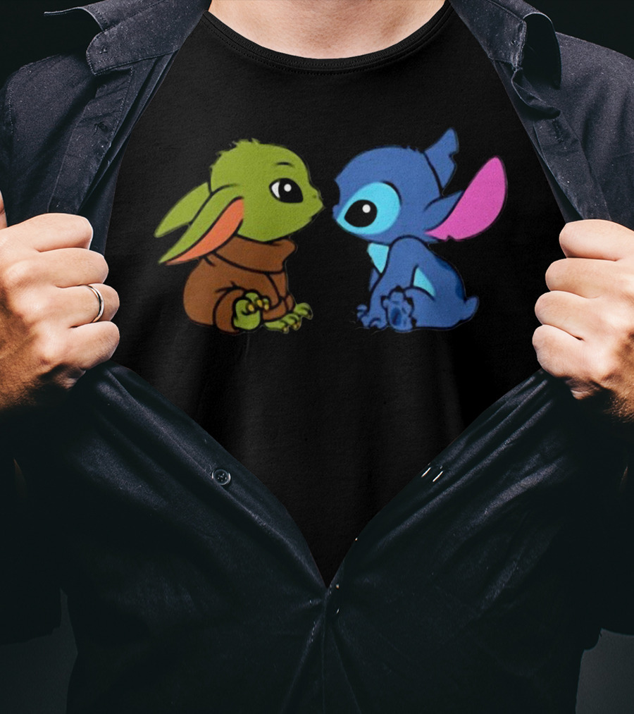 Baby Yoda And Baby Stitch Cute Characters Crossover T-Shirt