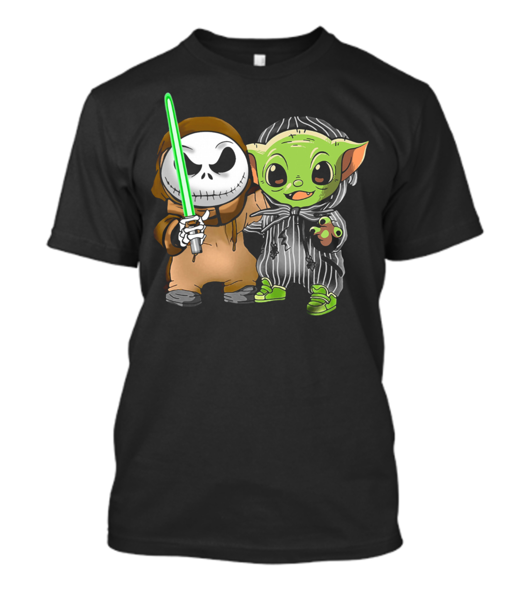 Jack Skellington In Jedi Robe And Baby Yoda In Striped Suit With Lightsaber T-Shirt