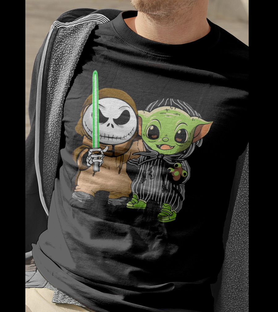 Jack Skellington In Jedi Robe And Baby Yoda In Striped Suit With Lightsaber T-Shirt