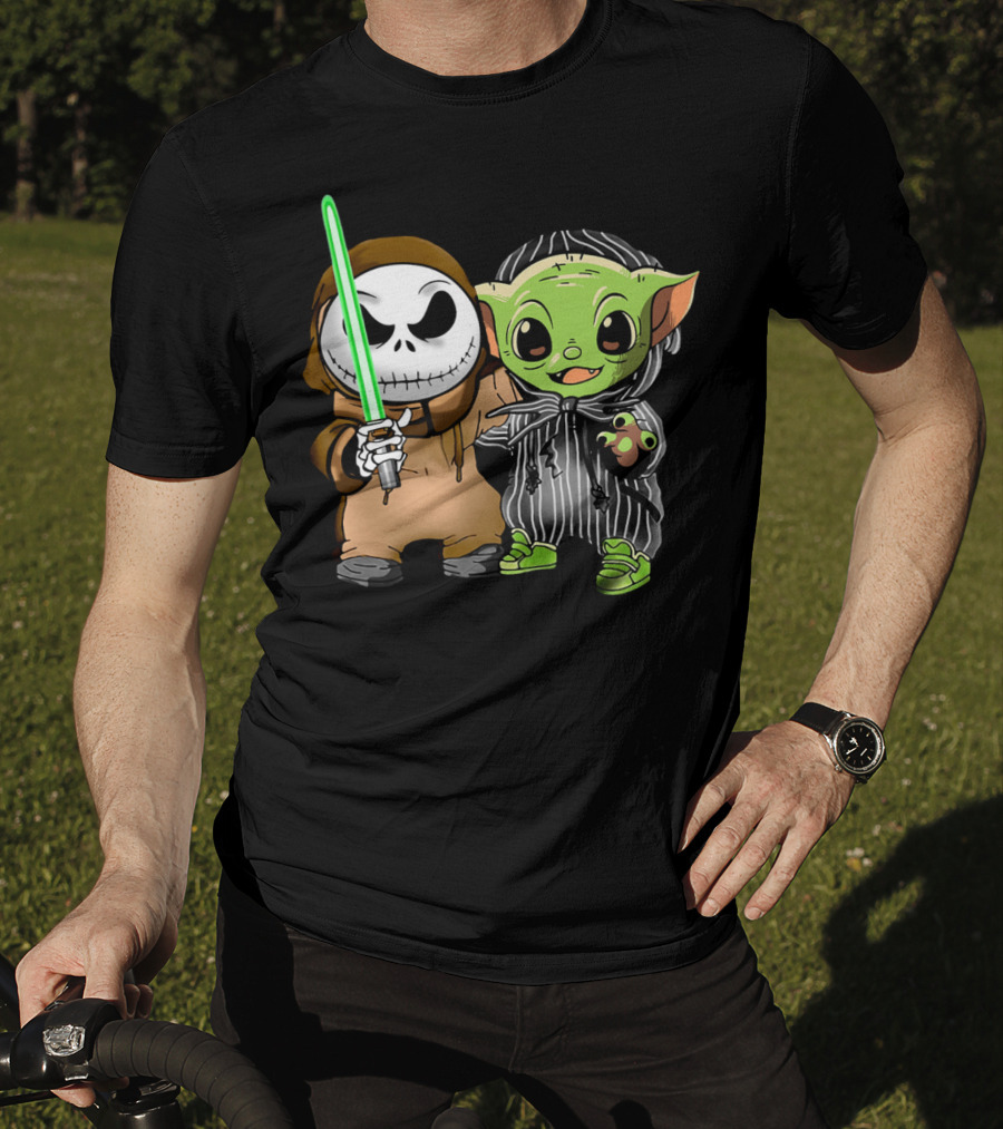 Jack Skellington In Jedi Robe And Baby Yoda In Striped Suit With Lightsaber T-Shirt