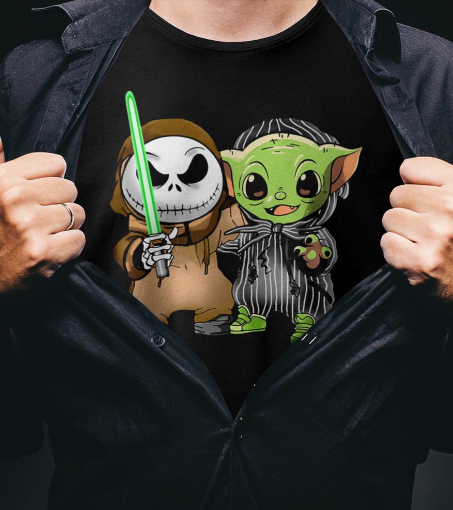 Jack Skellington In Jedi Robe And Baby Yoda In Striped Suit With Lightsaber T-Shirt