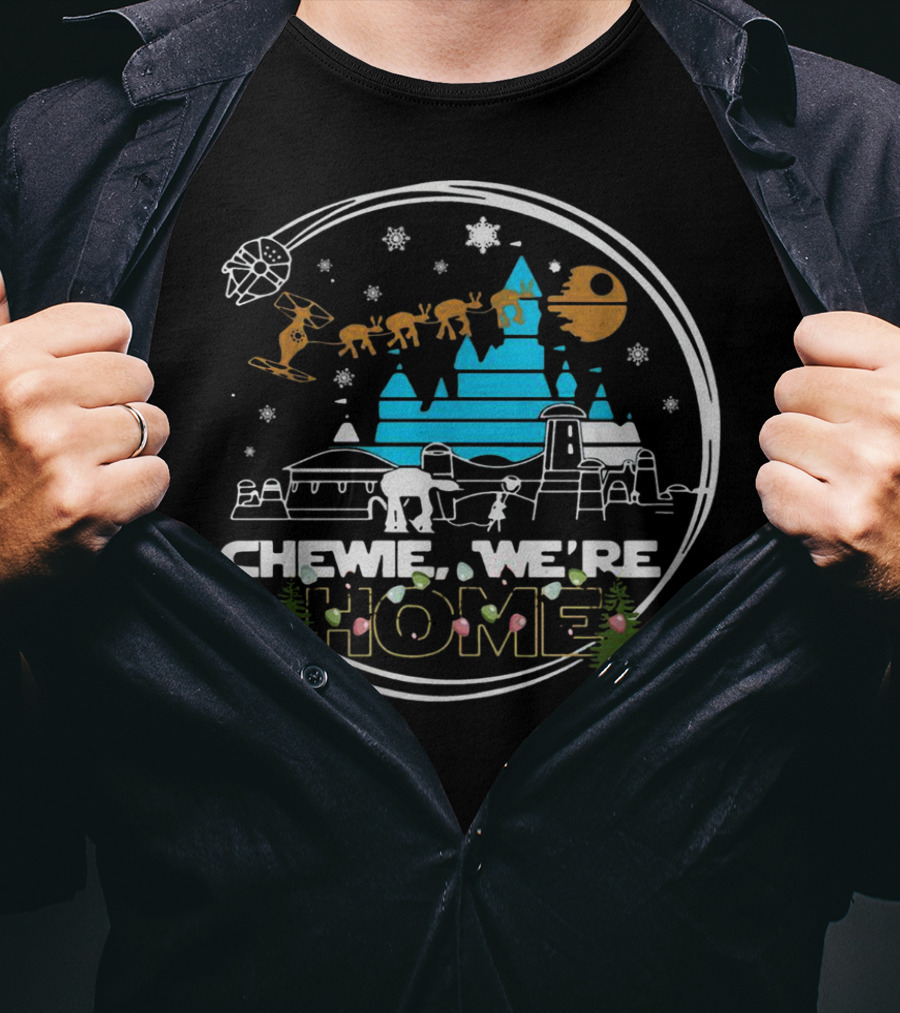 Disney Star Wars Chewie We're Home Snowflake Millennium Falcon Christmas Trees T-Shirt
