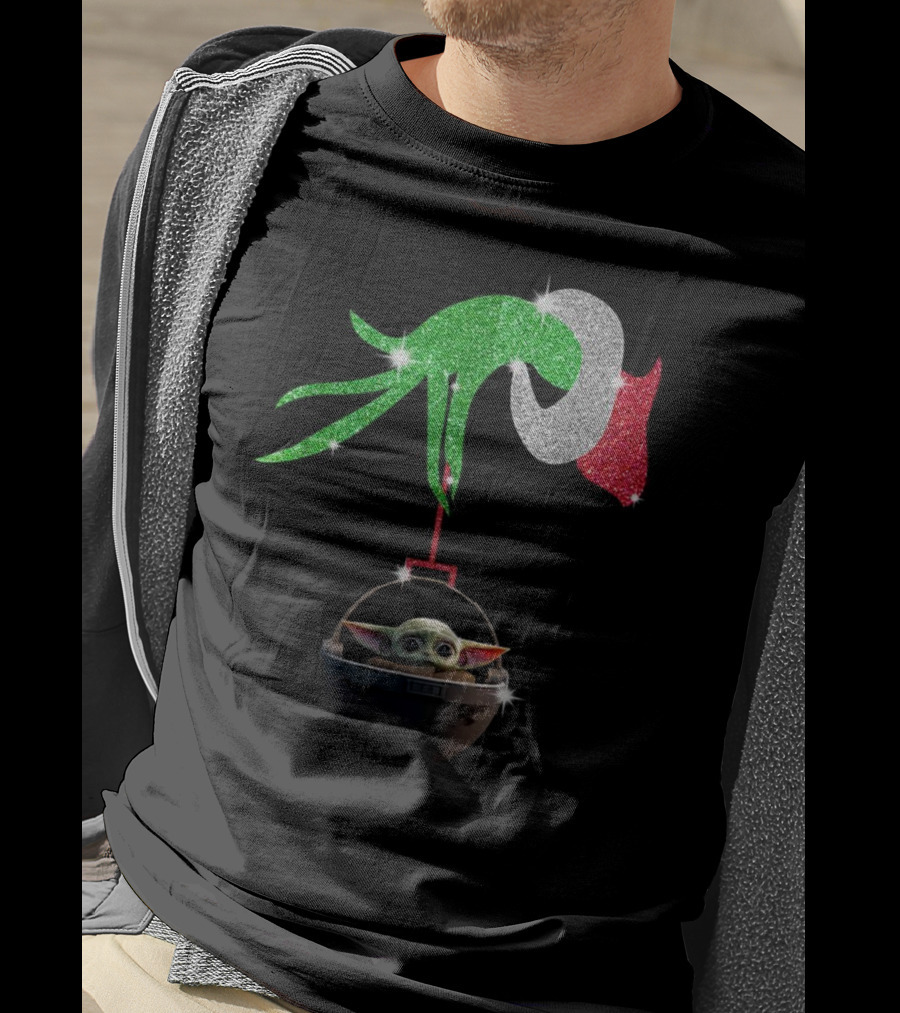 Grinch Glitter Hand Holding Baby Yoda T-Shirt