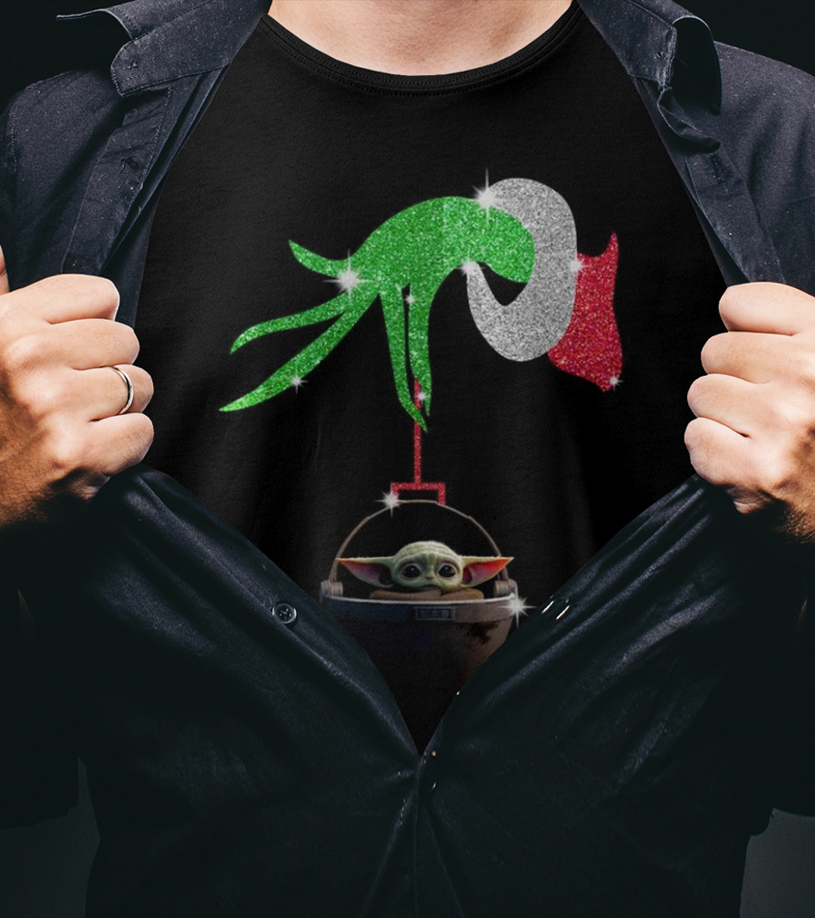 Grinch Glitter Hand Holding Baby Yoda T-Shirt