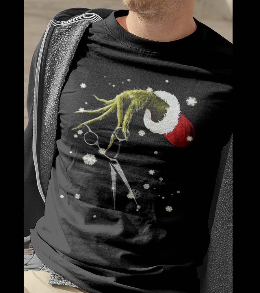 Grinch Hand Holding Scissors Santa Hat Snowflakes T-Shirt