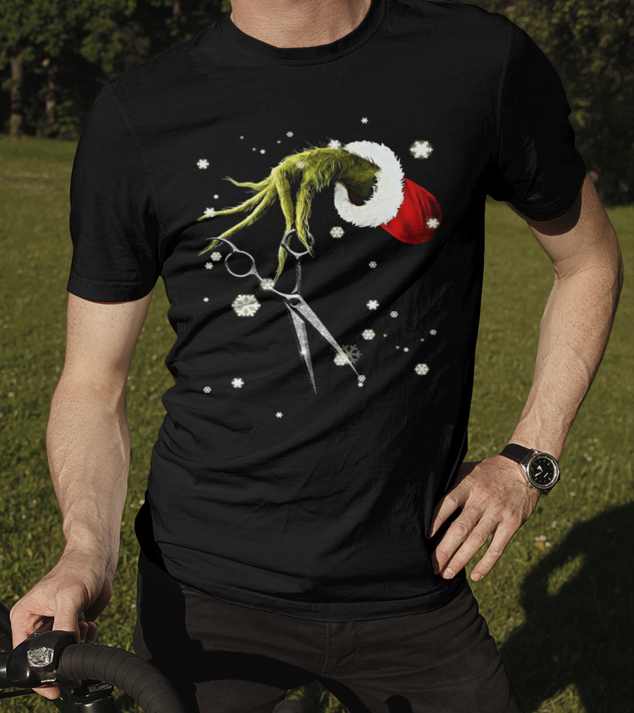 Grinch Hand Holding Scissors Santa Hat Snowflakes T-Shirt