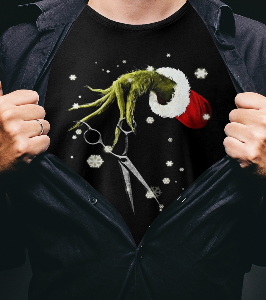 Grinch Hand Holding Scissors Santa Hat Snowflakes T-Shirt