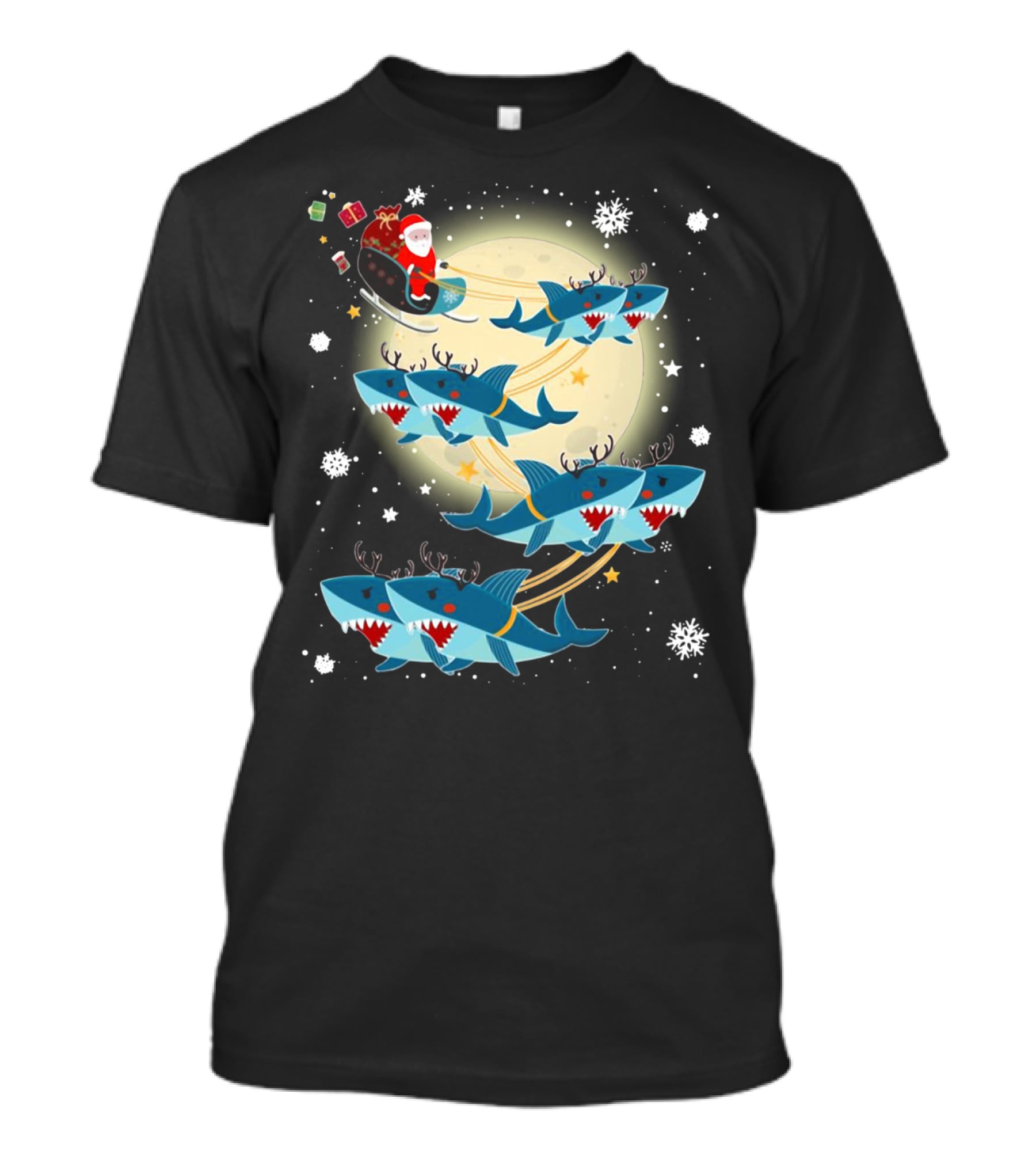 Santa Claus Riding Shark Reindeer Full Moon Snowflakes T-Shirt