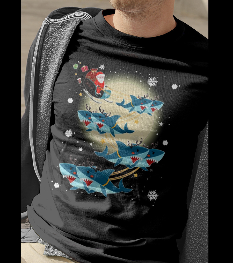 Santa Claus Riding Shark Reindeer Full Moon Snowflakes T-Shirt