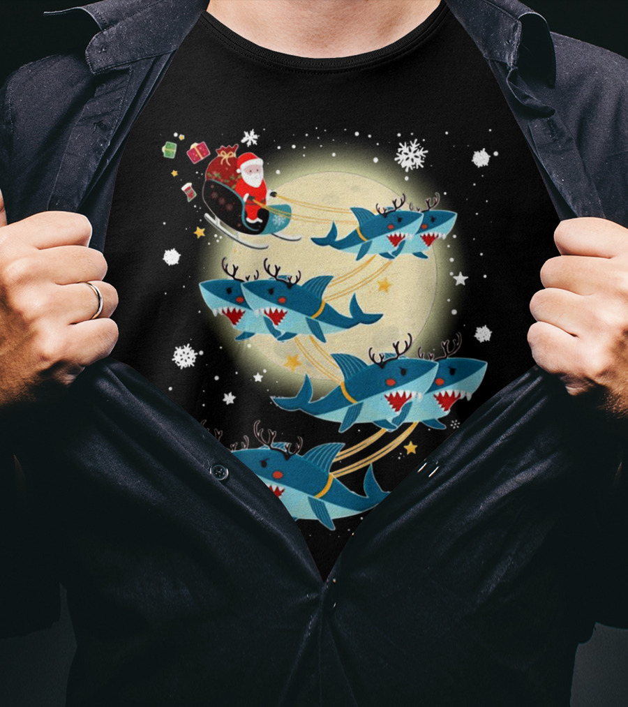 Santa Claus Riding Shark Reindeer Full Moon Snowflakes T-Shirt