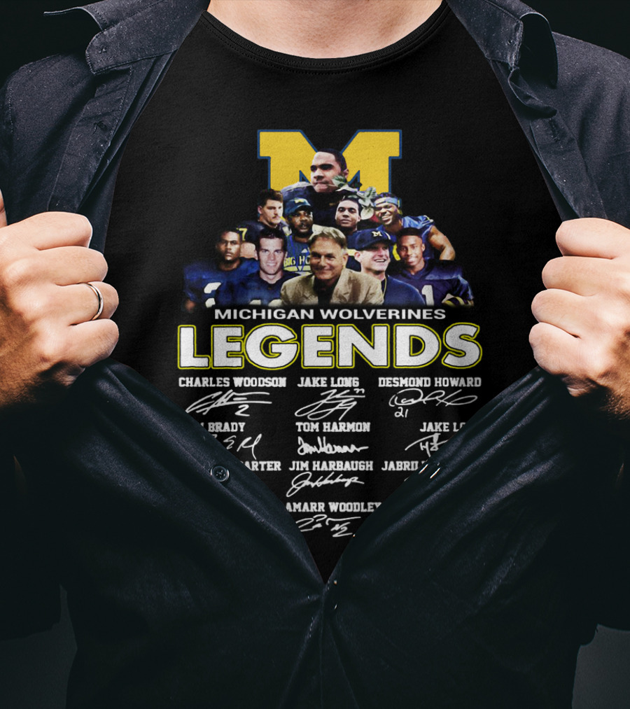 Michigan Wolverines Legends Charles Woodson Desmond Howard Tom Brady Jim Harbaugh Signatures T-Shirt