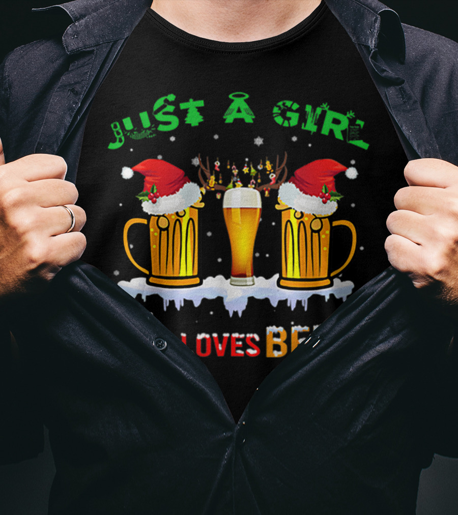 Just A Girl Who Loves Beer Christmas Santa Hats Reindeer T-Shirt