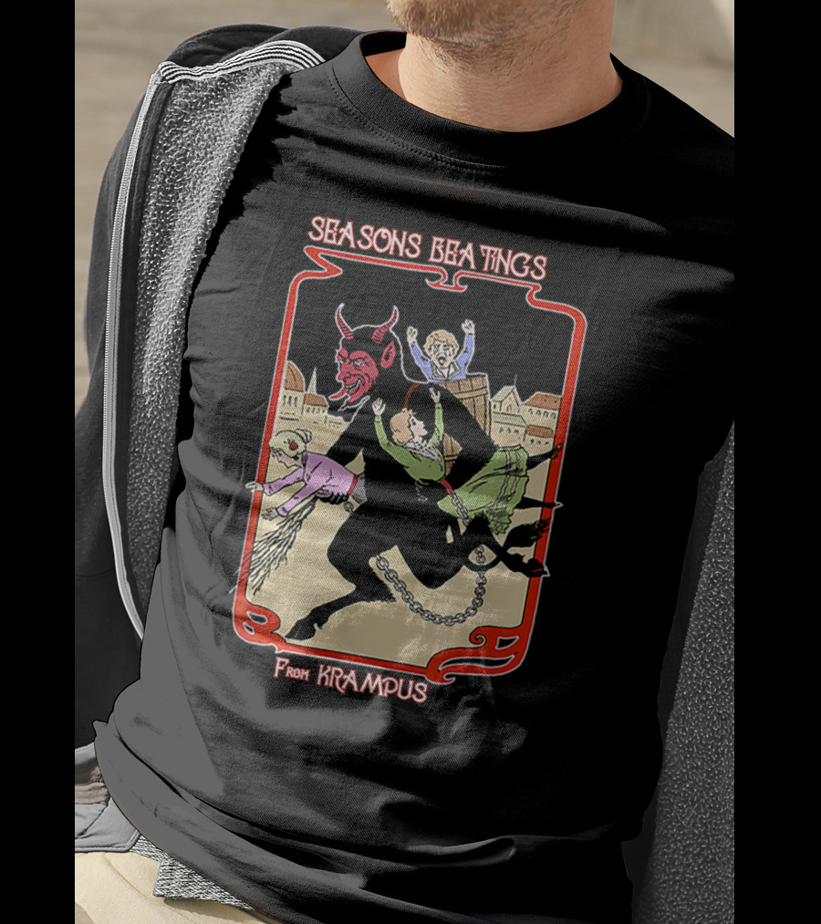 Seasons Beatings From Krampus With Festive Cityscape And Naughty Children T-Shirt