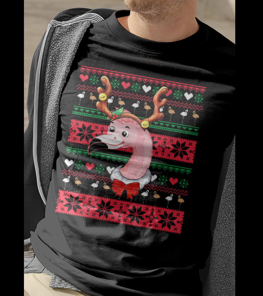 Santa Flamingo Reindeer Ugly Christmas T-Shirt