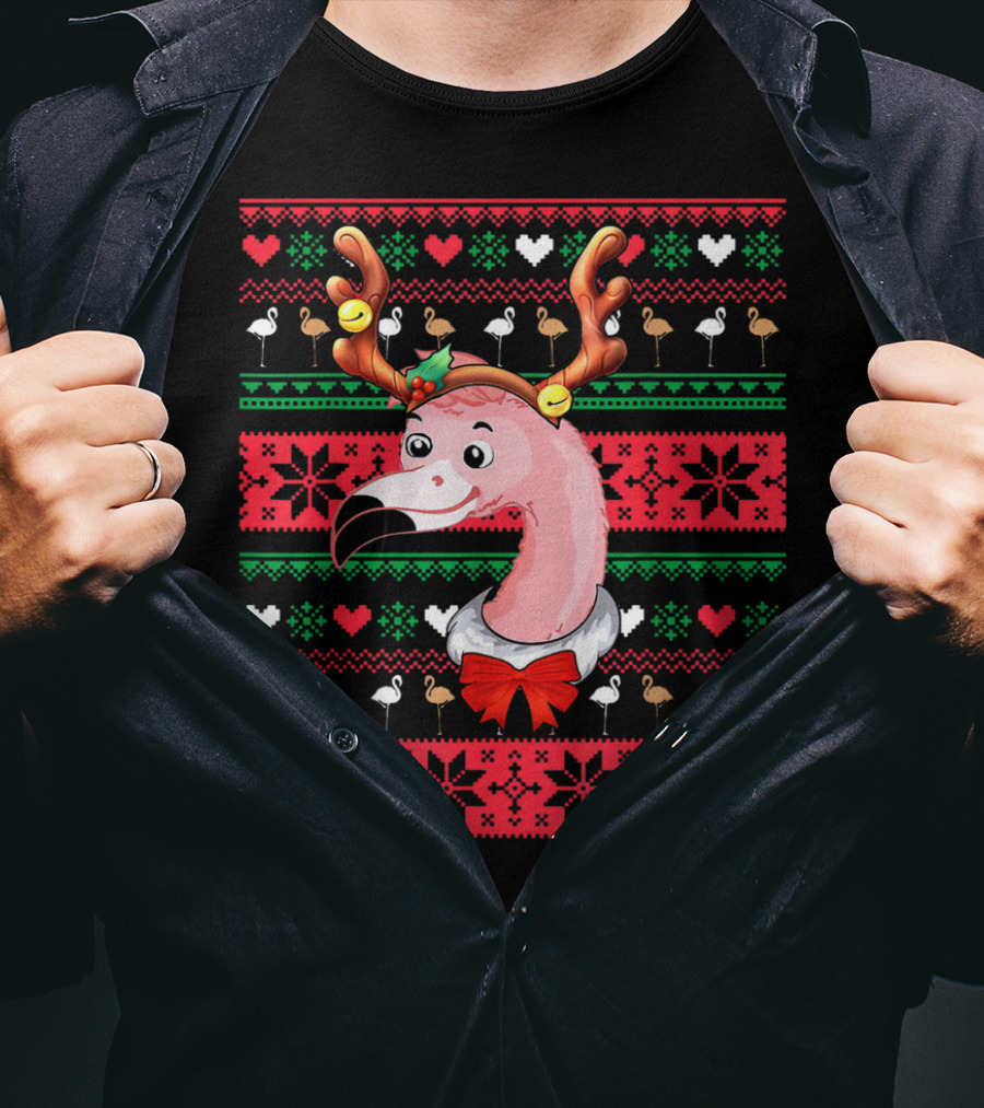 Santa Flamingo Reindeer Ugly Christmas T-Shirt