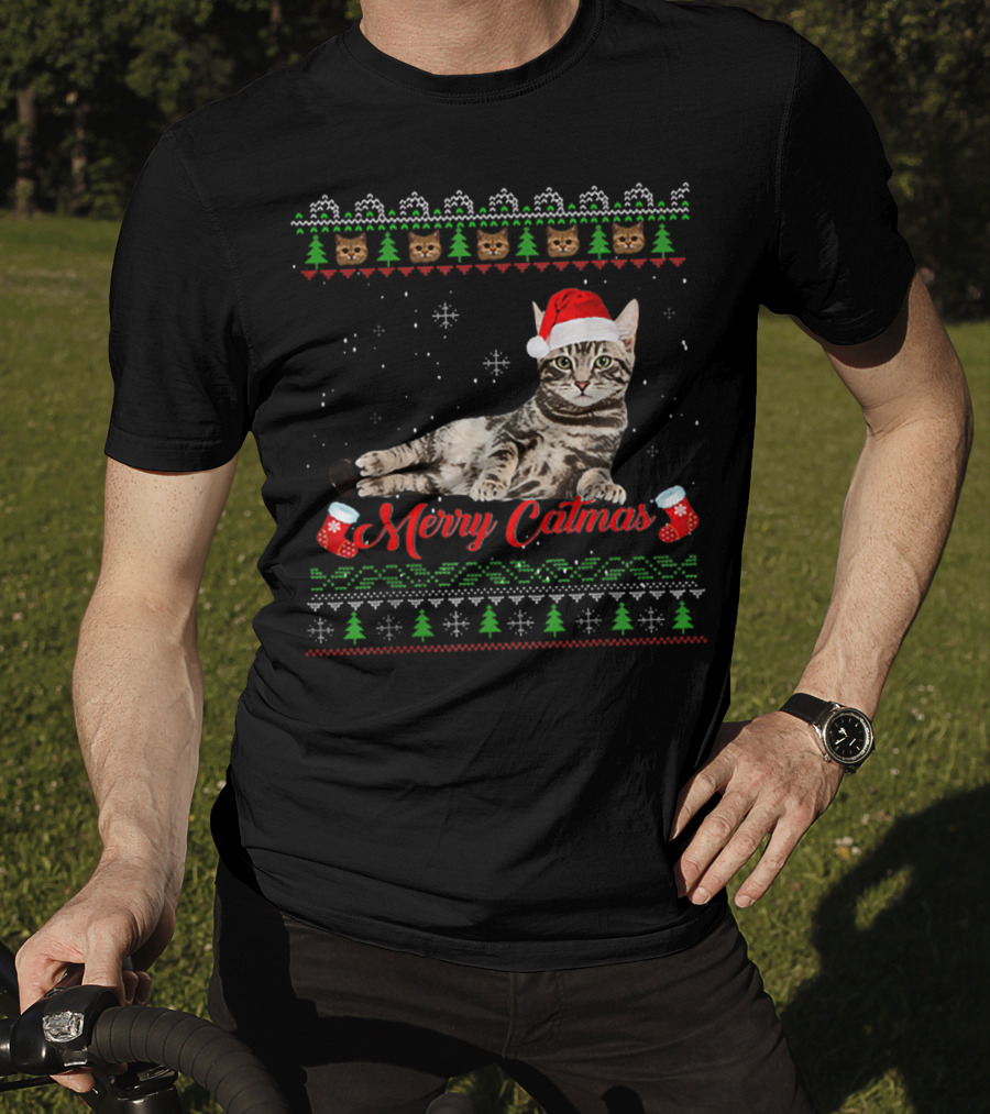 Merry Catmas Christmas Cat Santa Hat Festive Design With Christmas Trees And Stockings T-Shirt