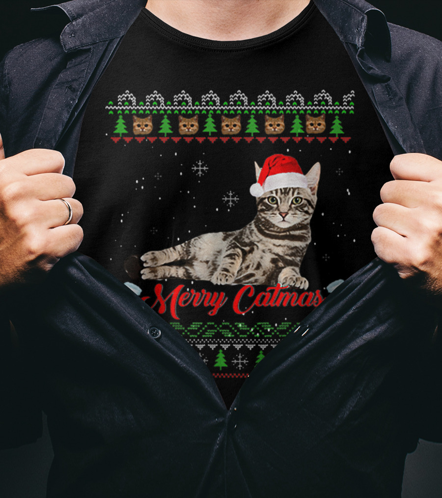 Merry Catmas Christmas Cat Santa Hat Festive Design With Christmas Trees And Stockings T-Shirt