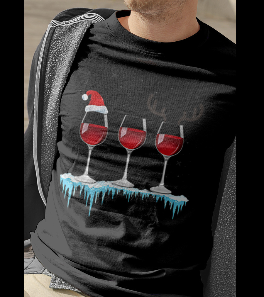 Red Wine Three Glasses Santa Hat Antlers Snow Holiday T-Shirt