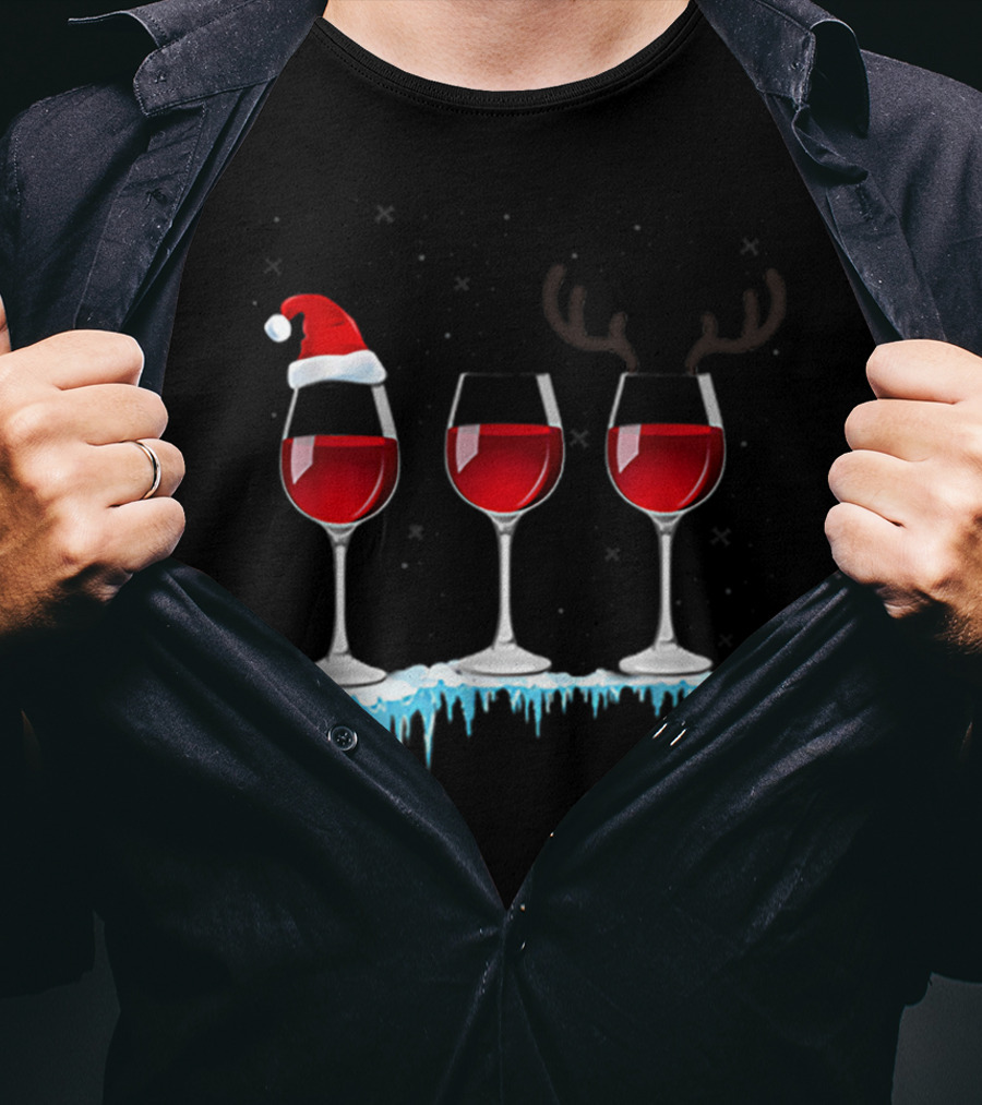 Red Wine Three Glasses Santa Hat Antlers Snow Holiday T-Shirt