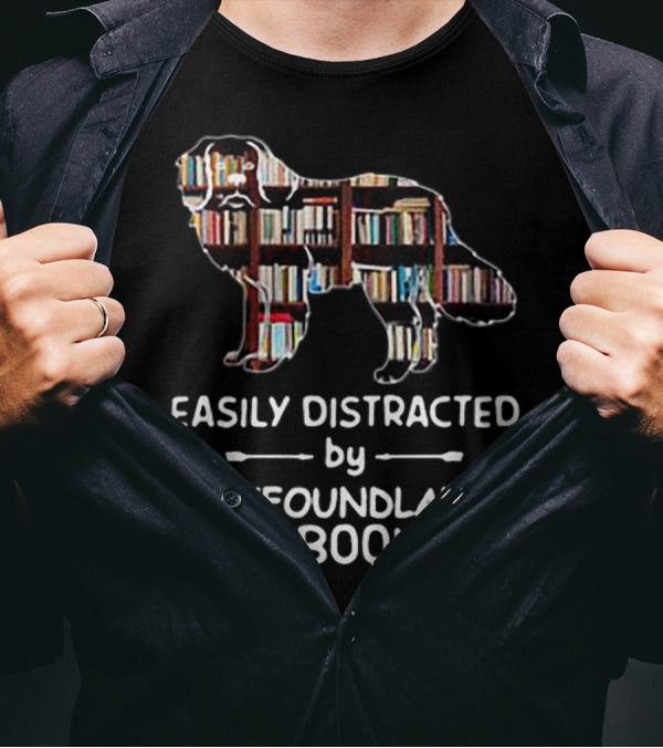 Easily Distracted By Newfoundlands And Books Silhouette Filled With Books T-Shirt