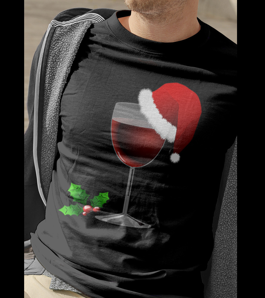 Wine Christmas Santa Hat Holly T-Shirt