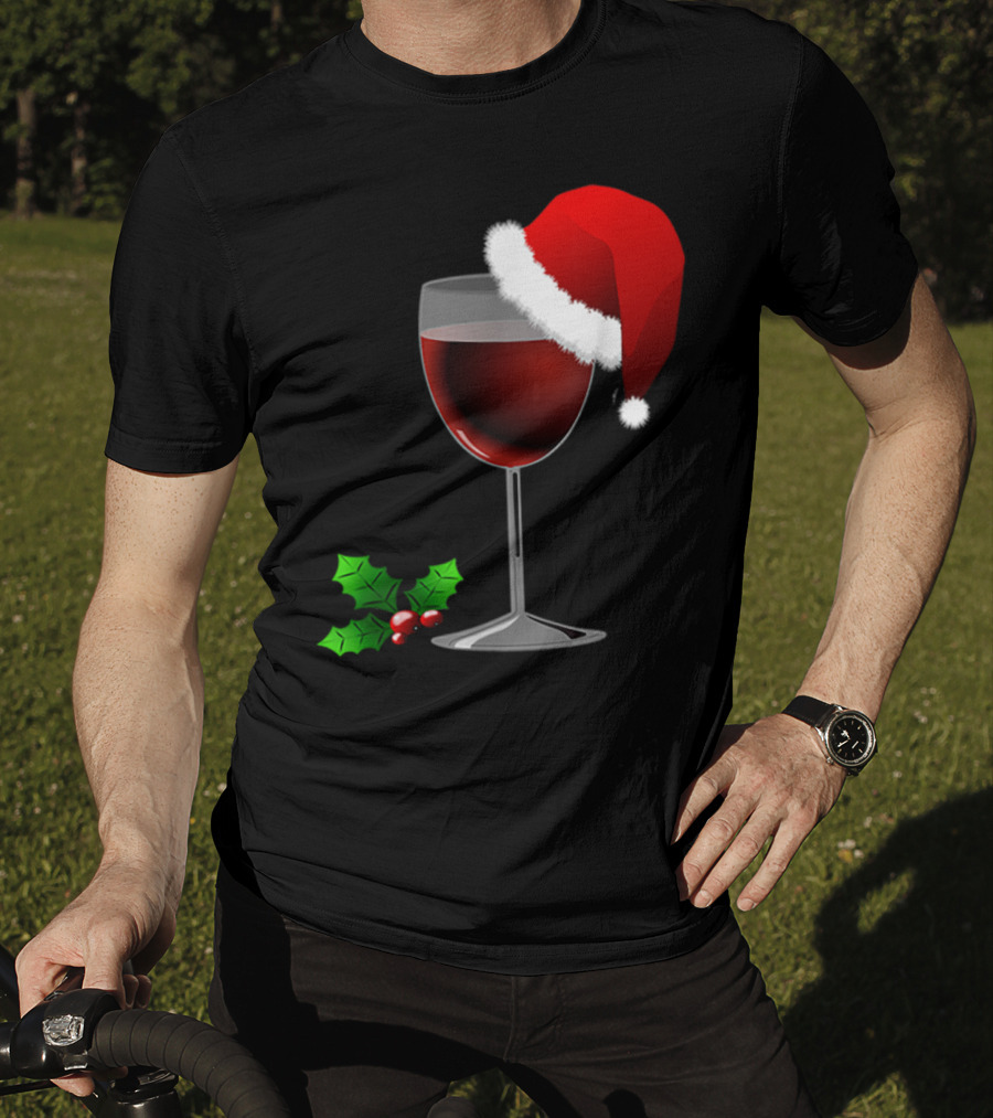 Wine Christmas Santa Hat Holly T-Shirt