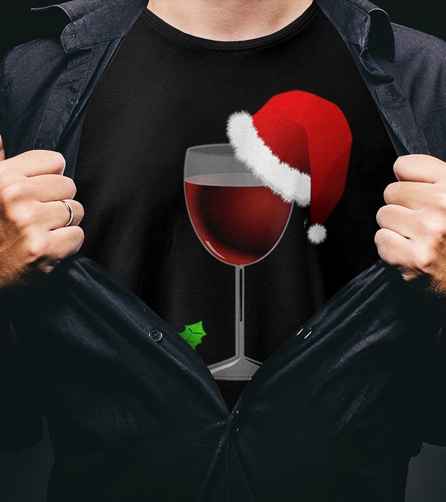 Wine Christmas Santa Hat Holly T-Shirt