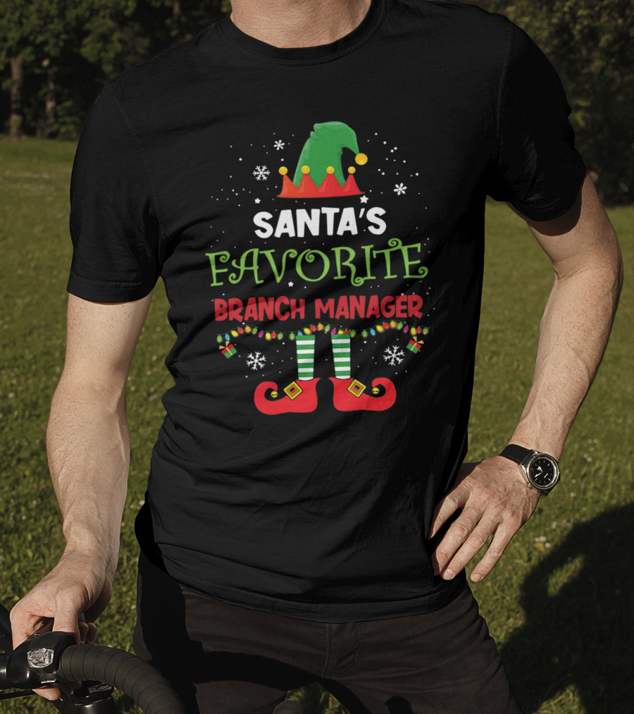 Santa's Favorite Branch Manager Elf Christmas Lights Hat Snowflakes T-Shirt