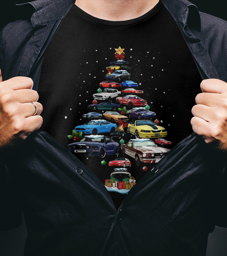 Mustang Christmas Tree With Iconic Cars And Festive Decorations T-Shirt