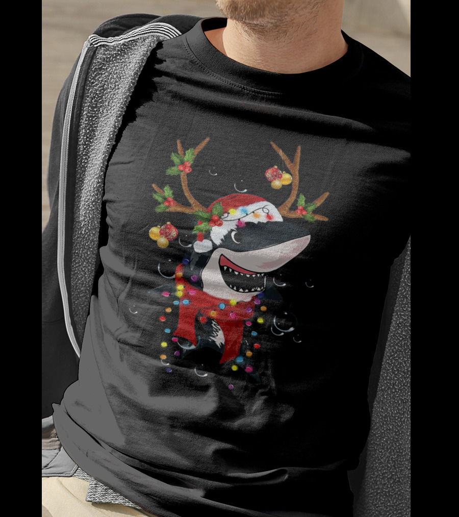 Shark With Christmas Reindeer Antlers And Santa Hat T-Shirt